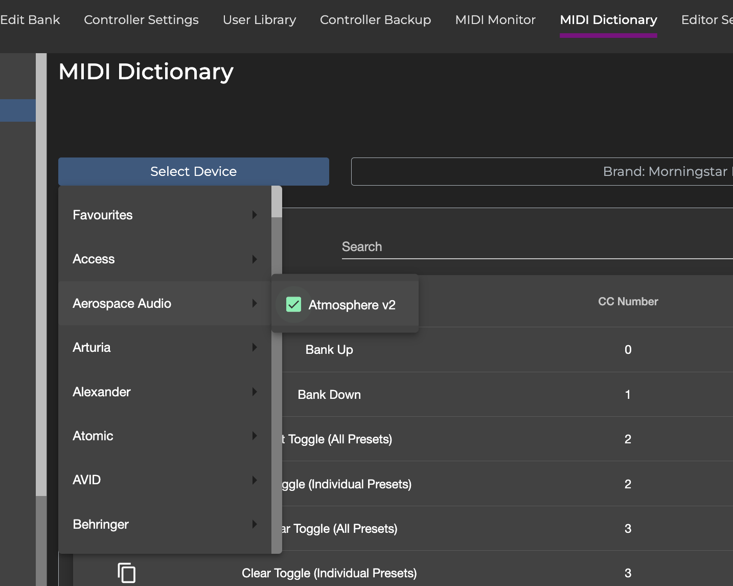 Quick access to selected devices in the MIDI Dictionary