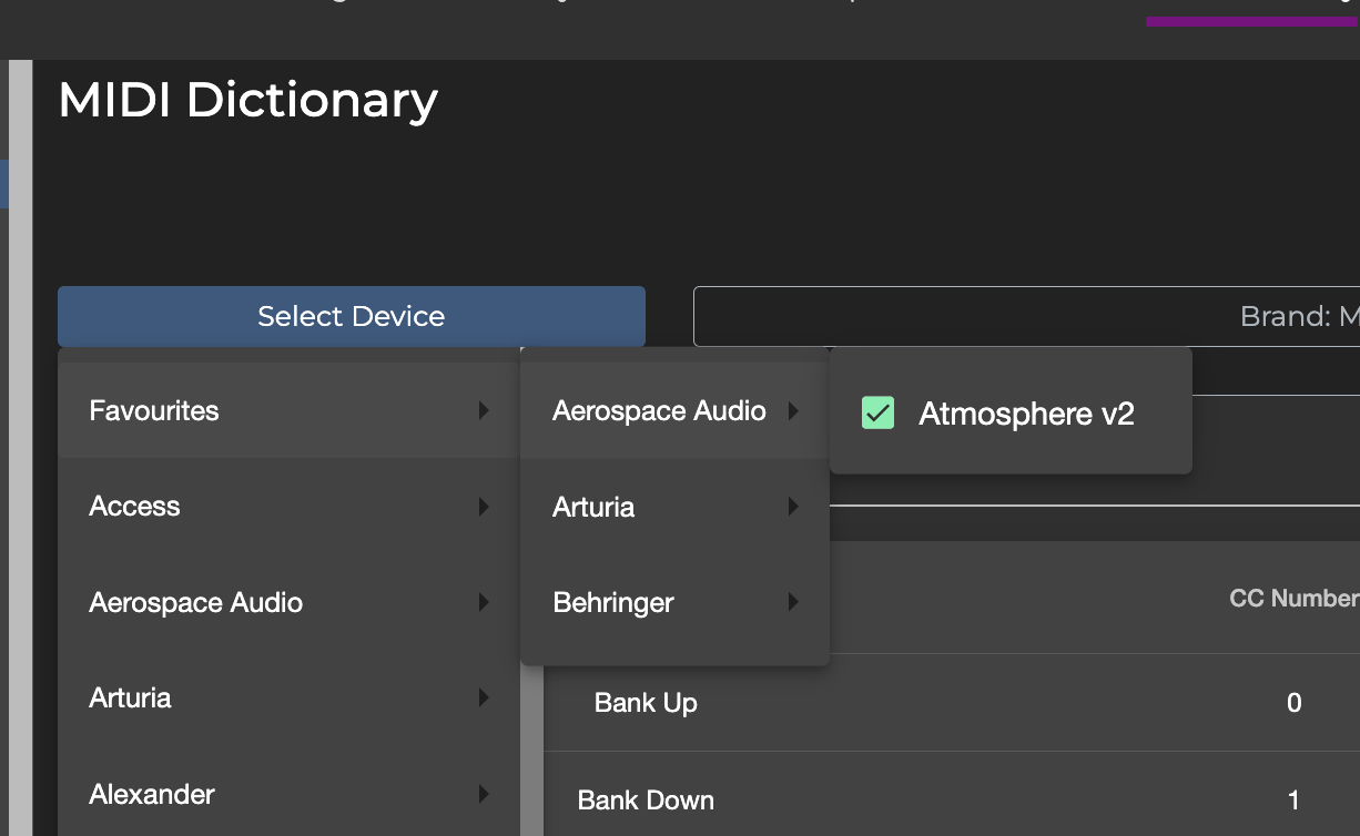 Quick access to selected devices in the MIDI Dictionary